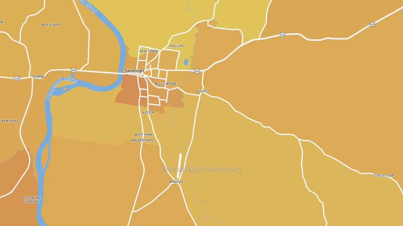 Map of the best neighborhoods in the 38372 area, with better matches in green and worse matches in red