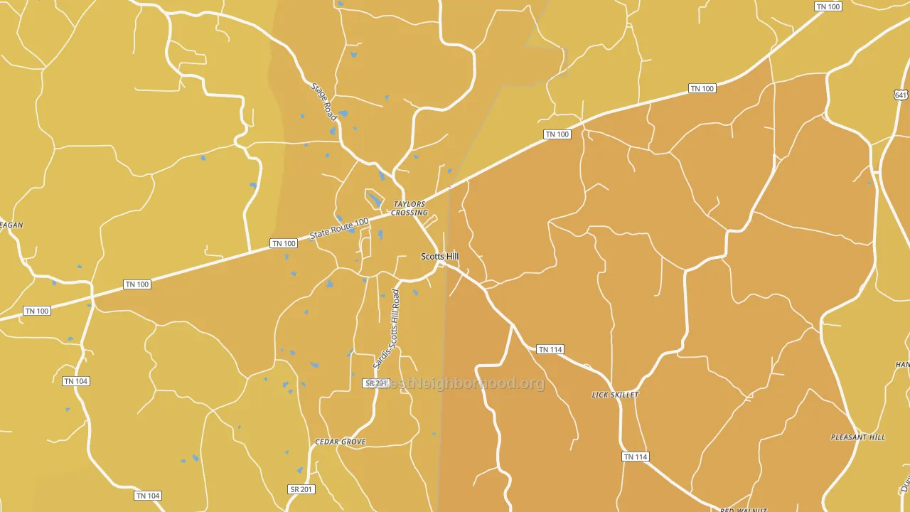 Map of the best neighborhoods in the 38374 area, with better matches in green and worse matches in red