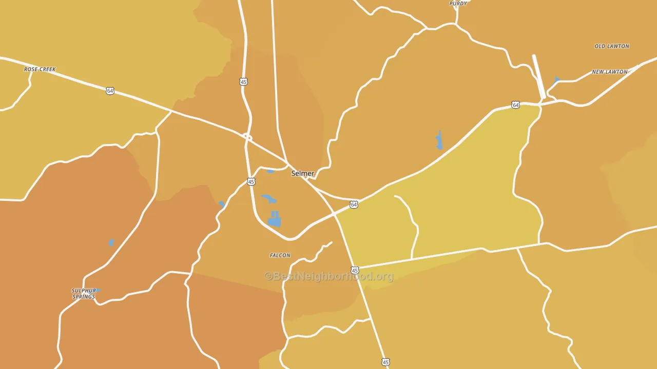 Map of the best neighborhoods in the 38375 area, with better matches in green and worse matches in red
