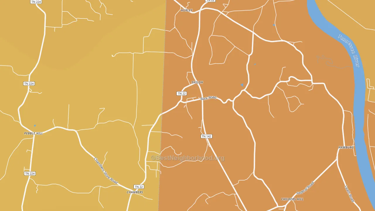 Map of the best neighborhoods in the 38376 area, with better matches in green and worse matches in red