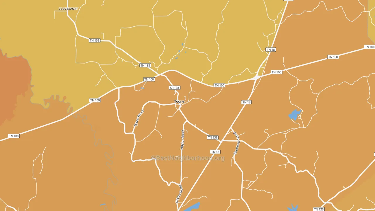 Map of the best neighborhoods in the 38381 area, with better matches in green and worse matches in red