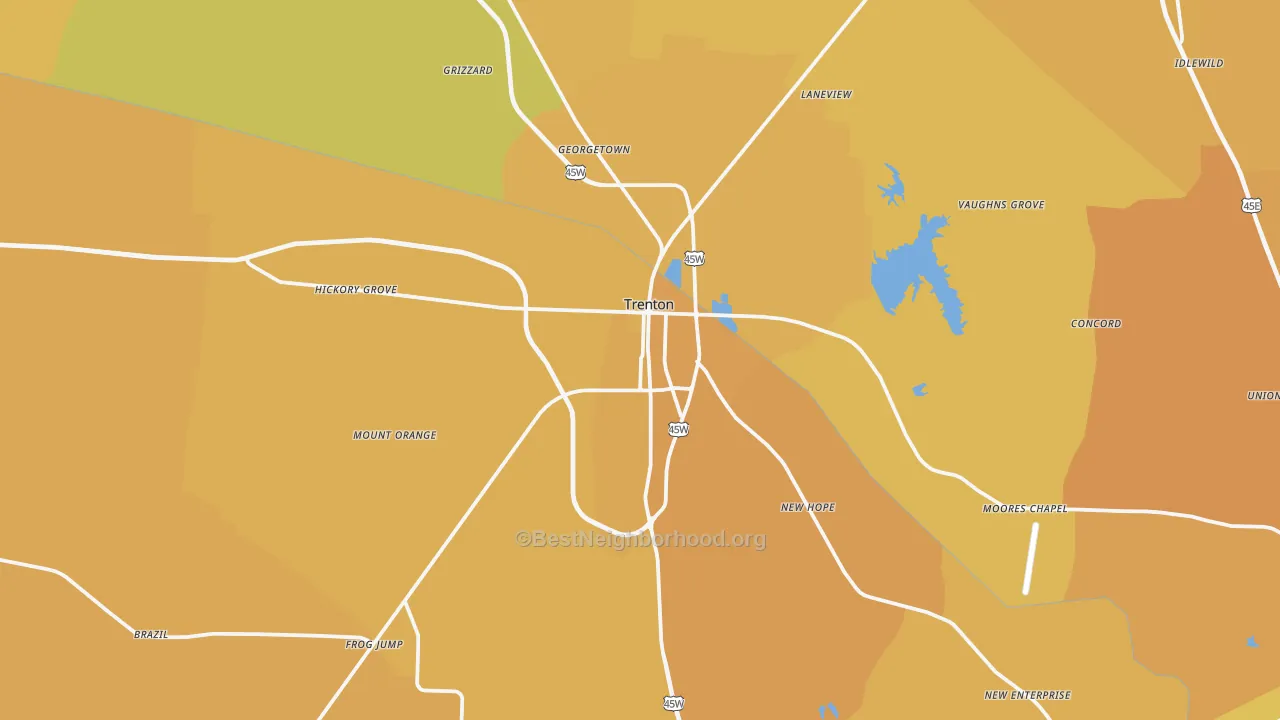 Map of the best neighborhoods in the 38382 area, with better matches in green and worse matches in red