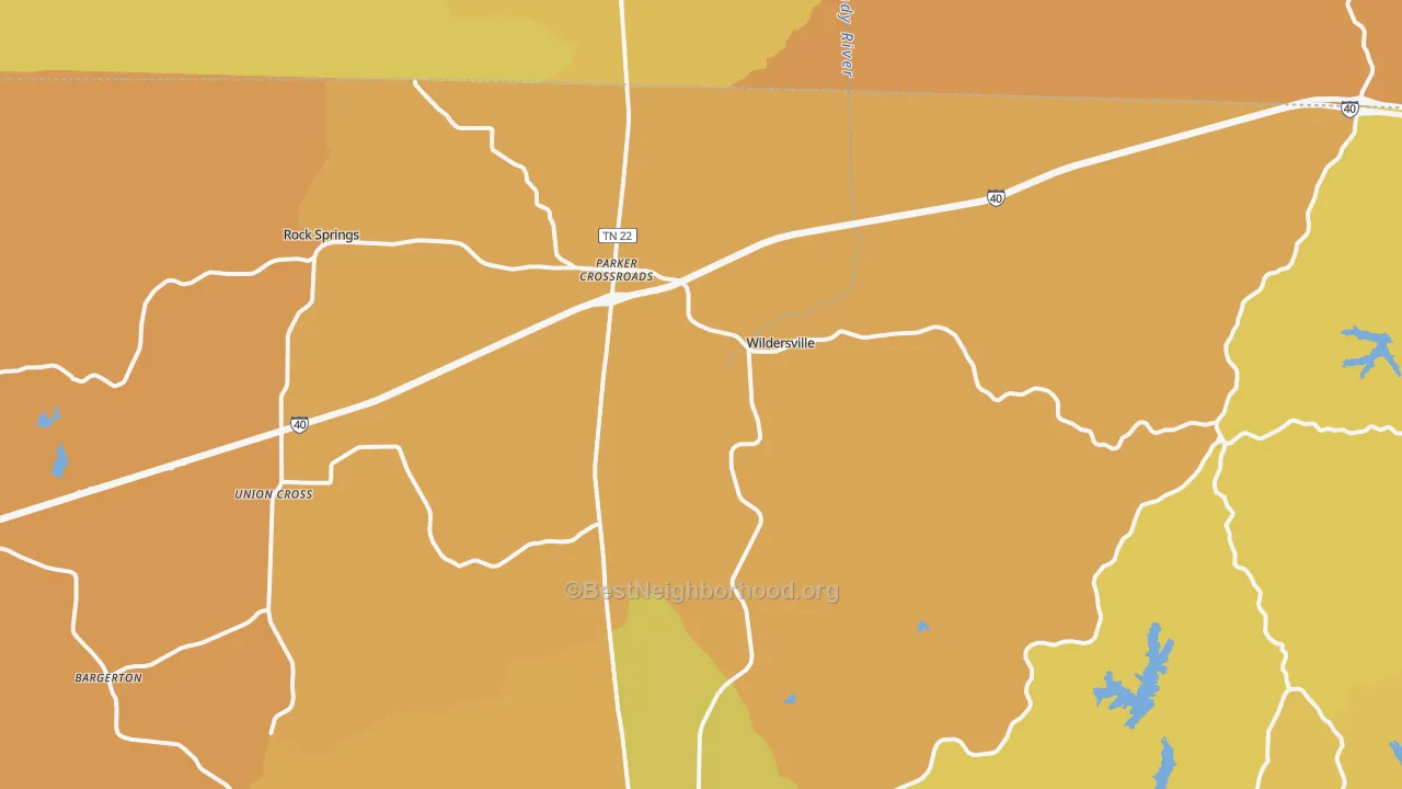 Map of the best neighborhoods in the 38388 area, with better matches in green and worse matches in red