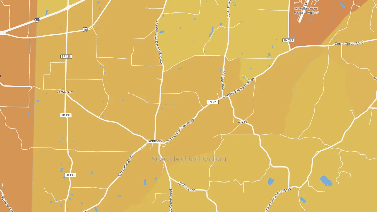 Map of the best neighborhoods in the 38391 area, with better matches in green and worse matches in red