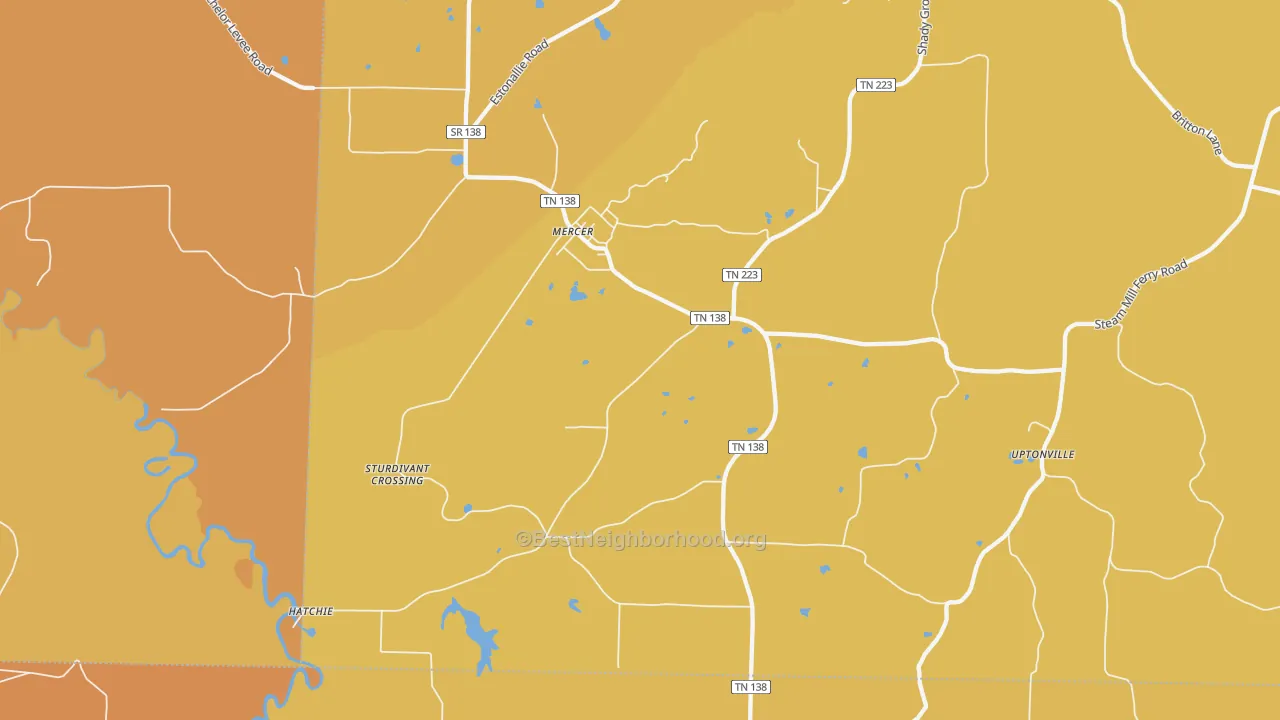 Map of the best neighborhoods in the 38392 area, with better matches in green and worse matches in red