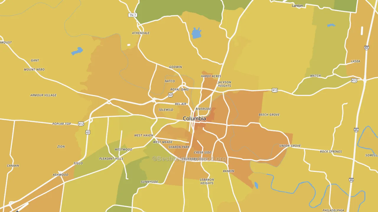 Map of the best neighborhoods in the 38401 area, with better matches in green and worse matches in red