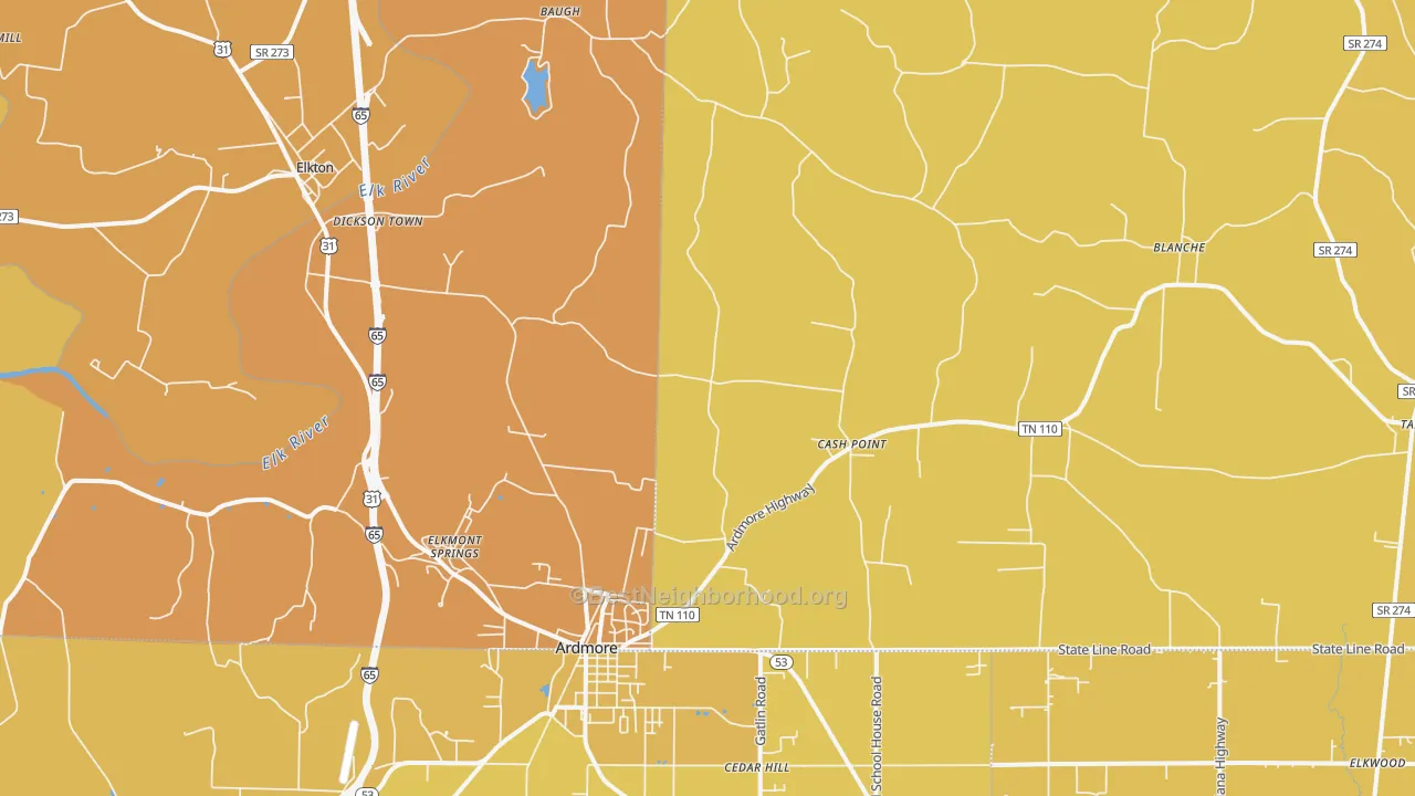Map of the best neighborhoods in the 38449 area, with better matches in green and worse matches in red