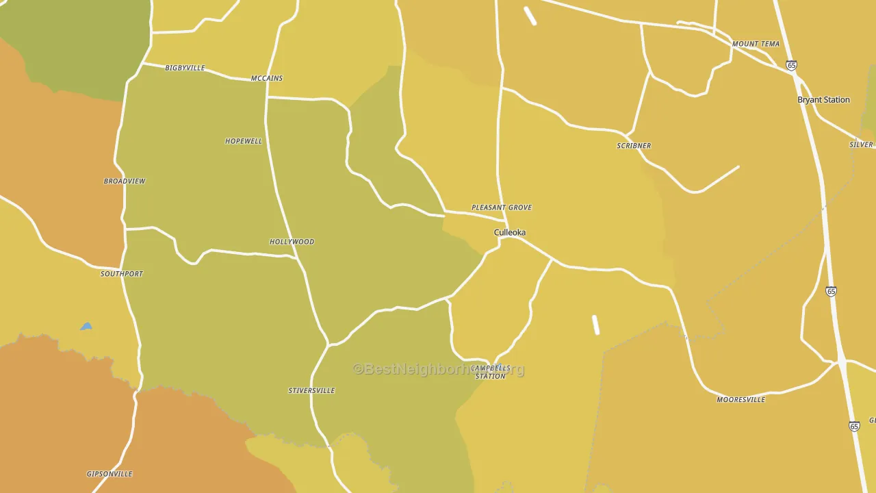 Map of the best neighborhoods in the 38451 area, with better matches in green and worse matches in red