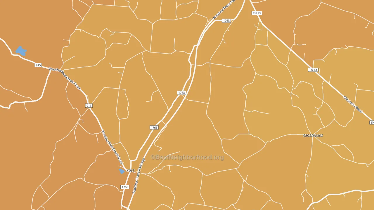 Map of the best neighborhoods in the 38452 area, with better matches in green and worse matches in red