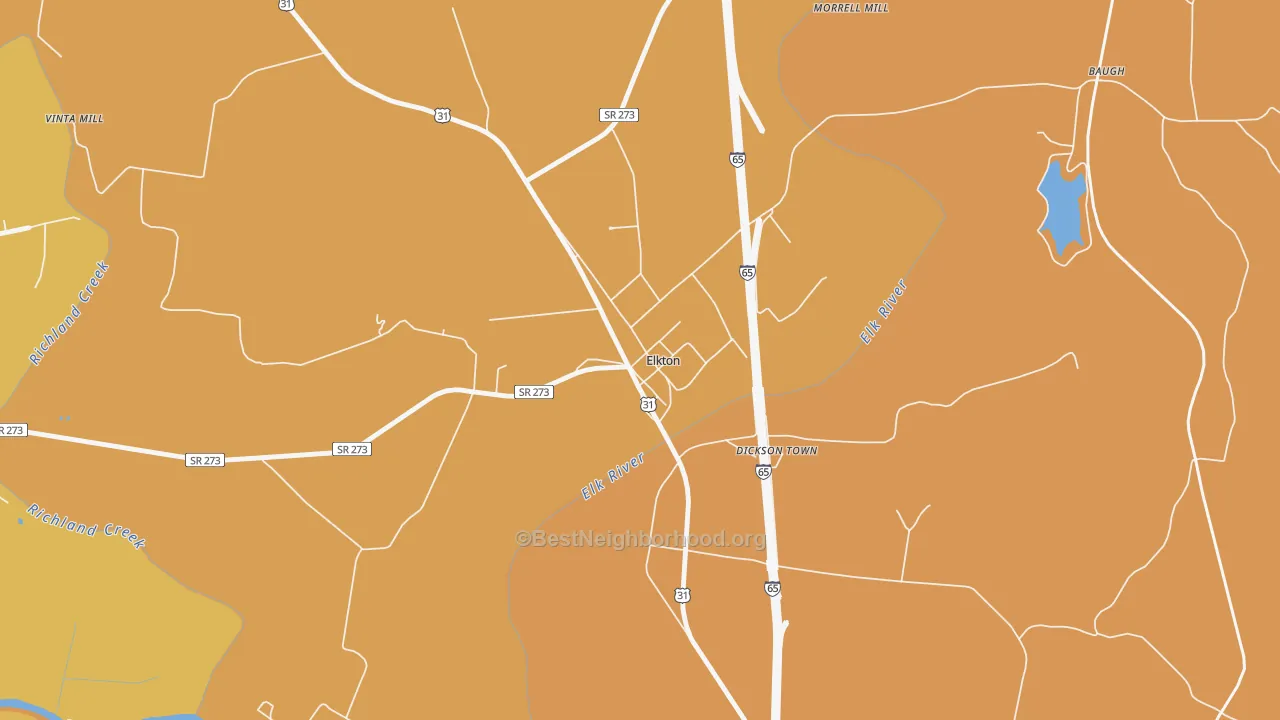 Map of the best neighborhoods in the 38455 area, with better matches in green and worse matches in red