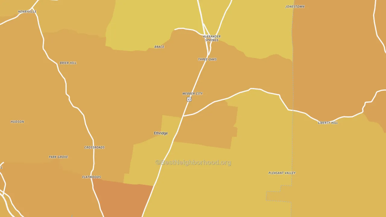 Map of the best neighborhoods in the 38456 area, with better matches in green and worse matches in red