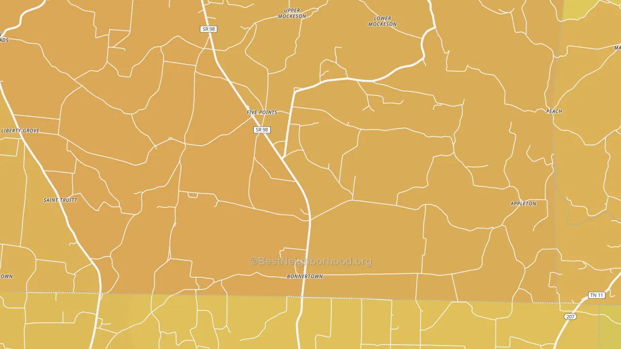 Map of the best neighborhoods in the 38457 area, with better matches in green and worse matches in red