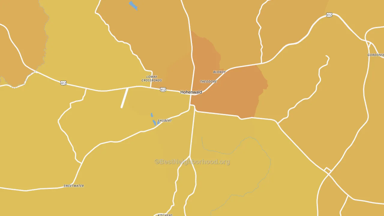Map of the best neighborhoods in the 38462 area, with better matches in green and worse matches in red