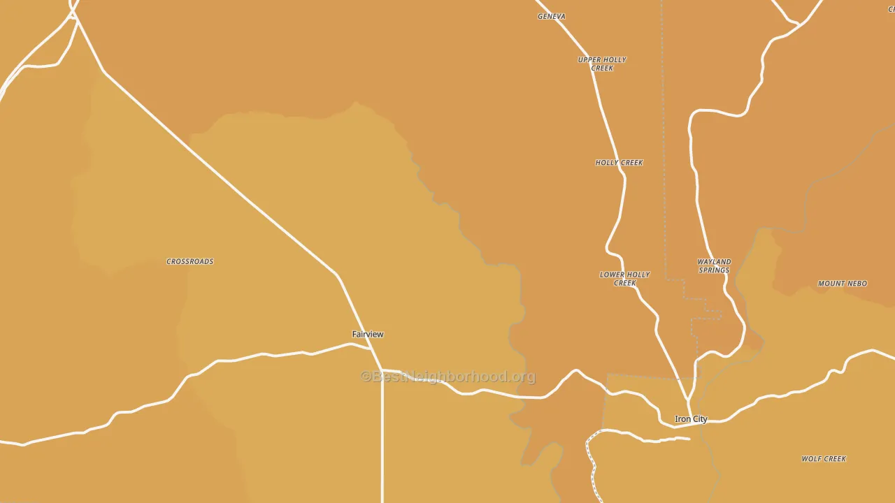 Map of the best neighborhoods in the 38463 area, with better matches in green and worse matches in red