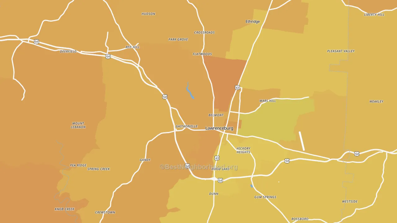 Map of the best neighborhoods in the 38464 area, with better matches in green and worse matches in red