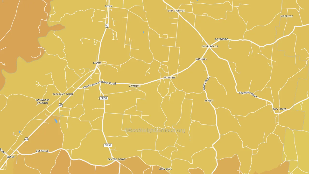 Map of the best neighborhoods in the 38468 area, with better matches in green and worse matches in red