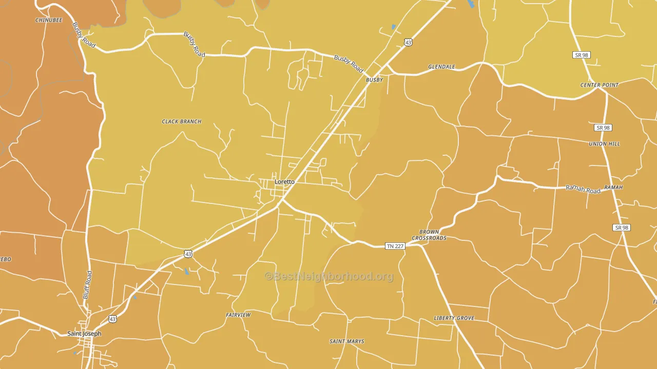 Map of the best neighborhoods in the 38469 area, with better matches in green and worse matches in red