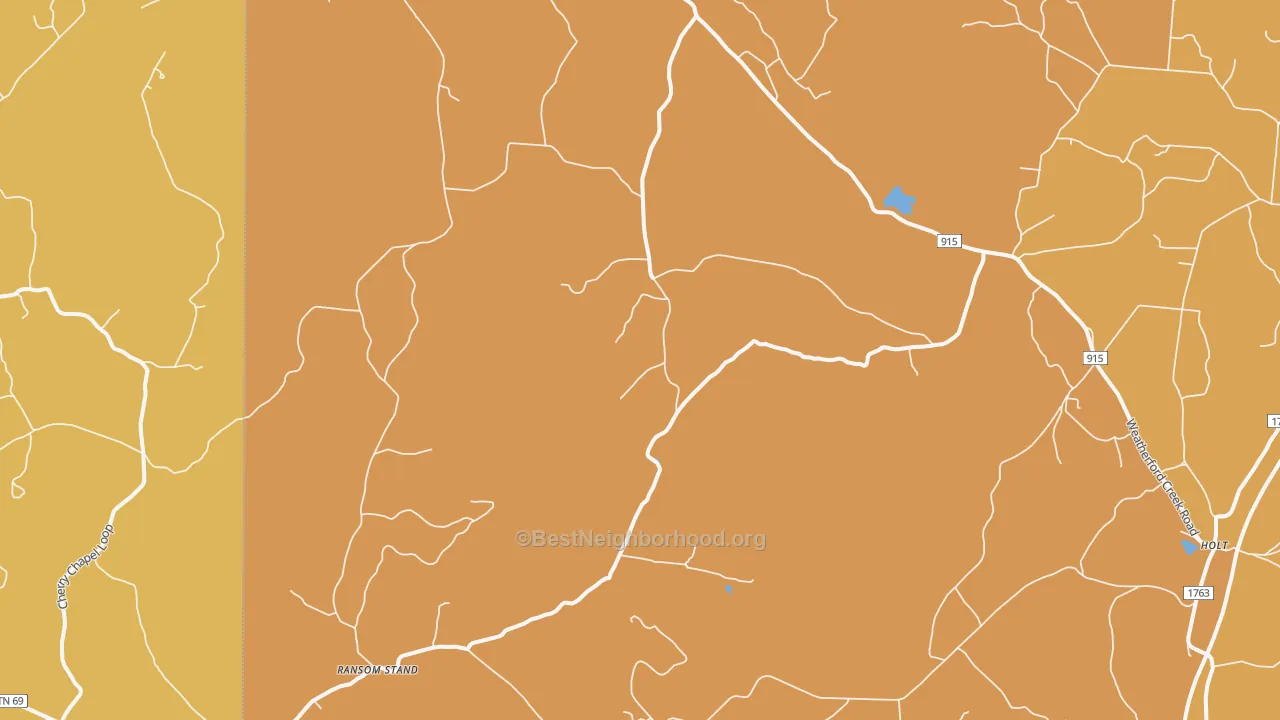 Map of the best neighborhoods in the 38471 area, with better matches in green and worse matches in red