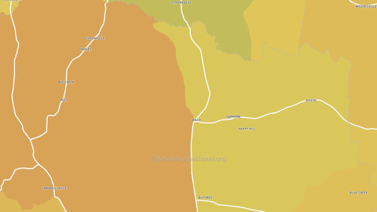 Map of the best neighborhoods in the 38472 area, with better matches in green and worse matches in red