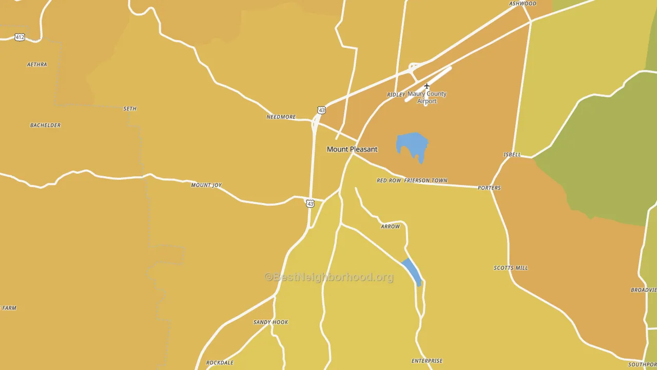 Map of the best neighborhoods in the 38474 area, with better matches in green and worse matches in red