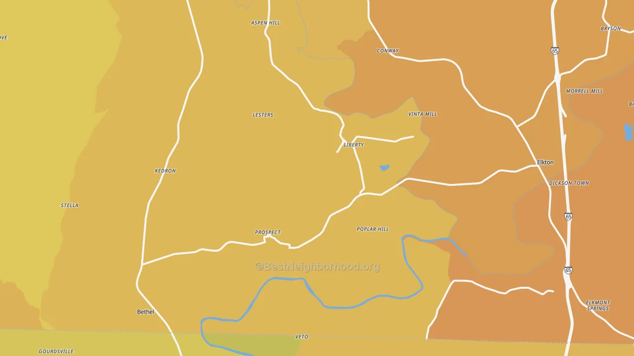 Map of the best neighborhoods in the 38477 area, with better matches in green and worse matches in red
