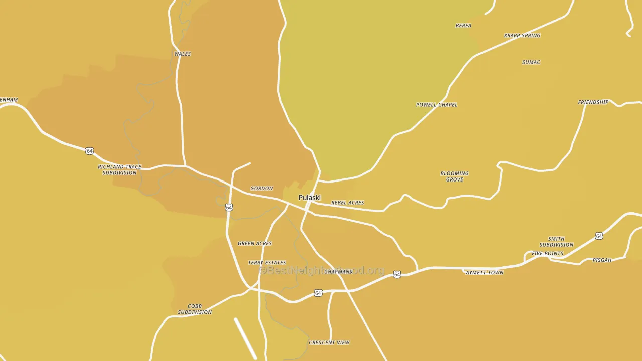 Map of the best neighborhoods in the 38478 area, with better matches in green and worse matches in red