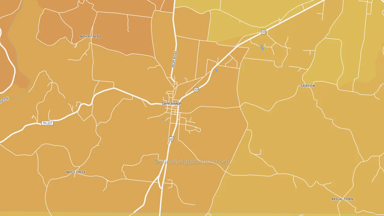 Map of the best neighborhoods in the 38481 area, with better matches in green and worse matches in red