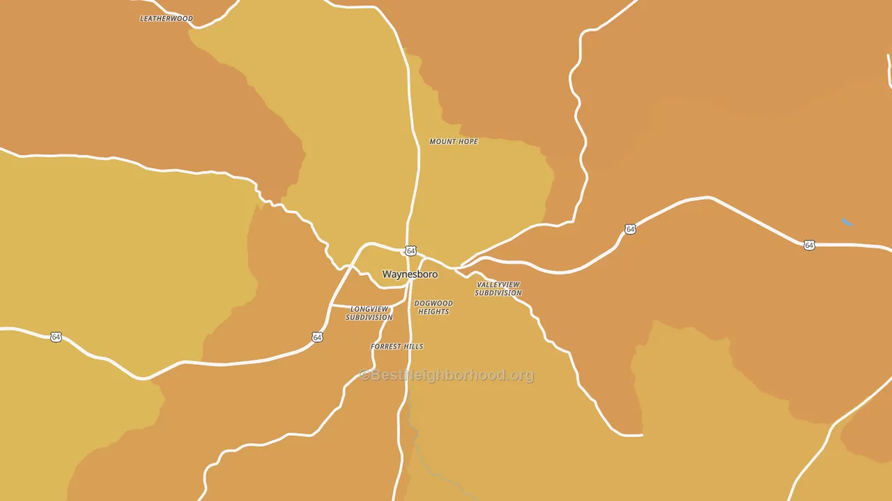 Map of the best neighborhoods in the 38485 area, with better matches in green and worse matches in red
