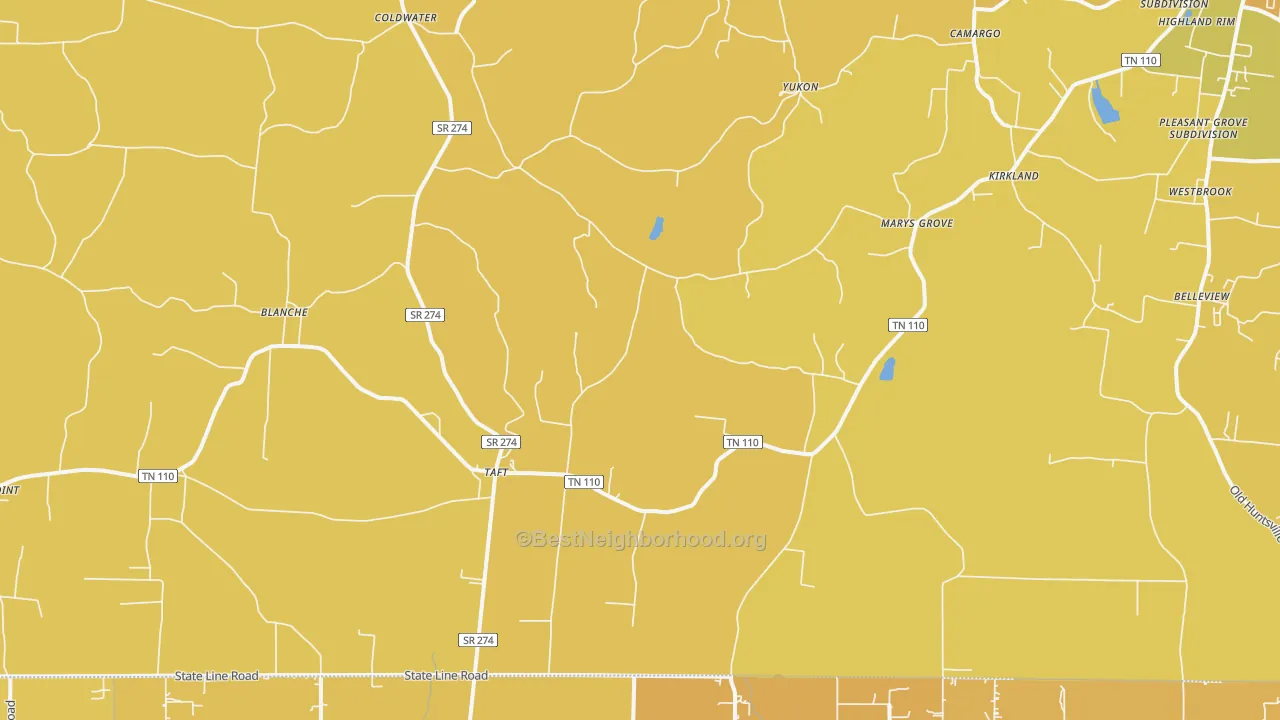Map of the best neighborhoods in the 38488 area, with better matches in green and worse matches in red
