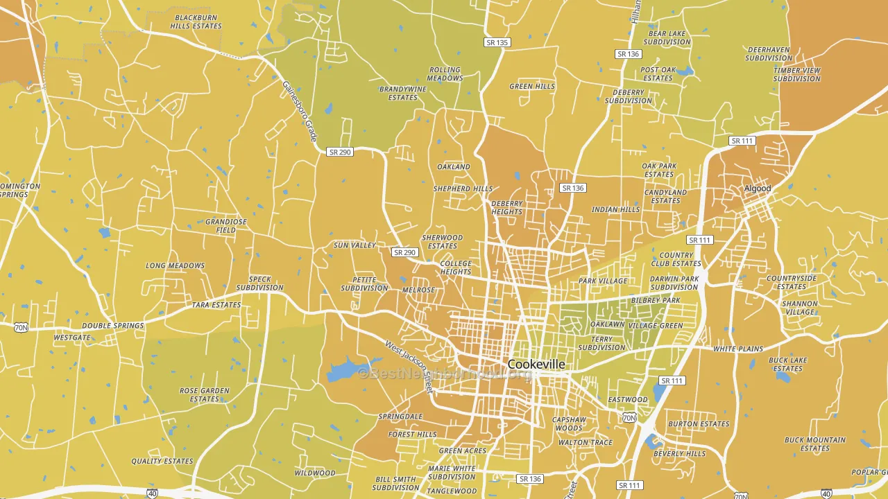 Map of the best neighborhoods in the 38501 area, with better matches in green and worse matches in red