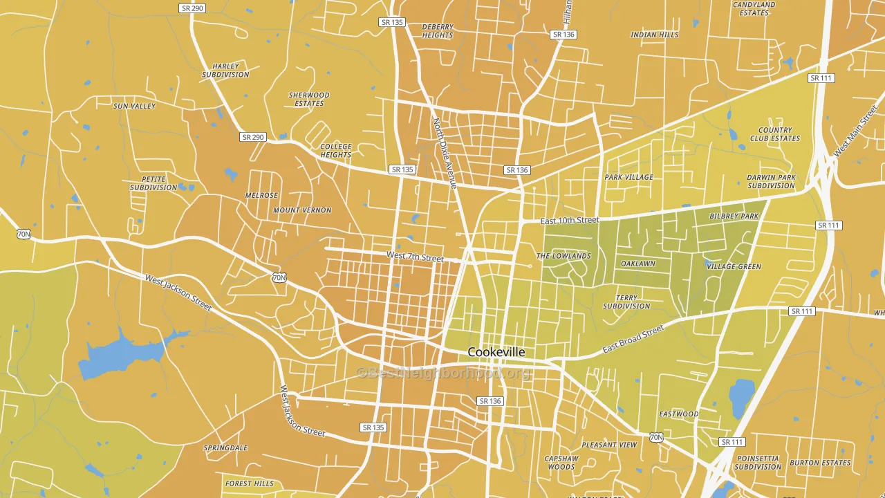 Map of the best neighborhoods in the 38505 area, with better matches in green and worse matches in red
