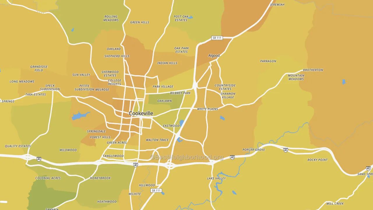 Map of the best neighborhoods in the 38506 area, with better matches in green and worse matches in red