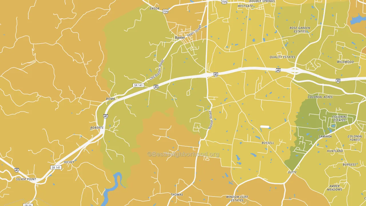 Map of the best neighborhoods in the 38544 area, with better matches in green and worse matches in red