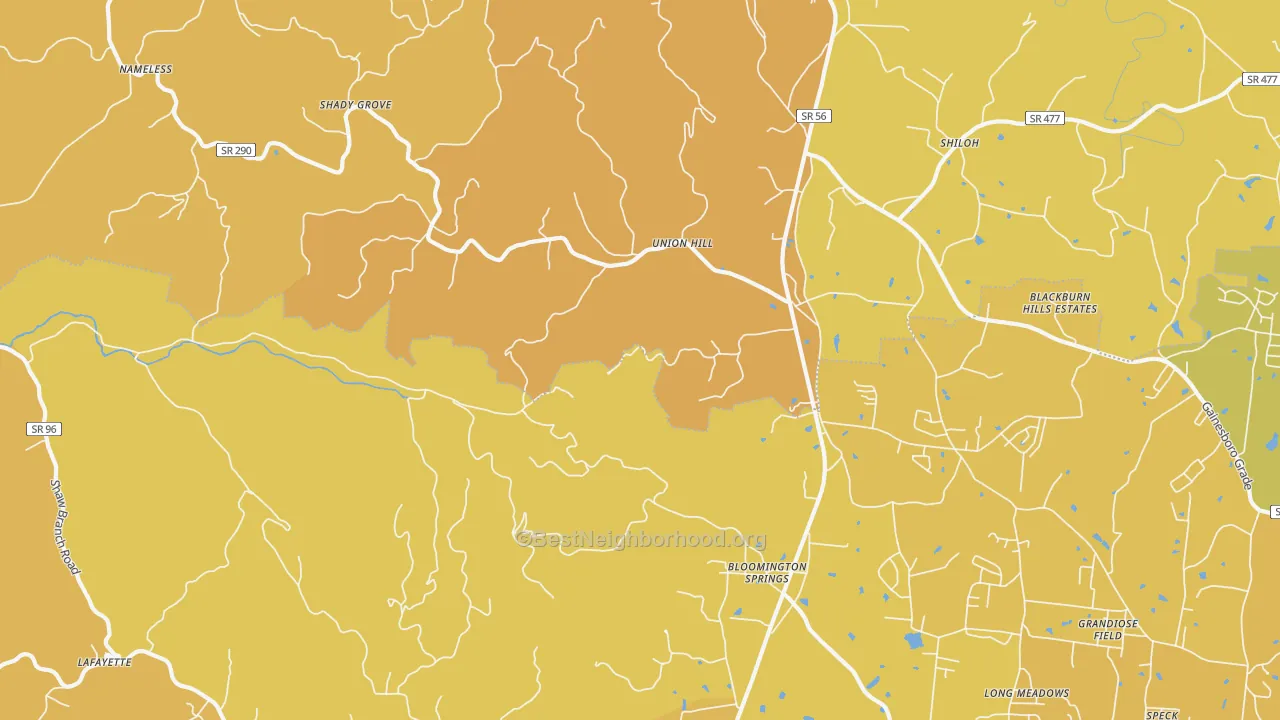 Map of the best neighborhoods in the 38545 area, with better matches in green and worse matches in red