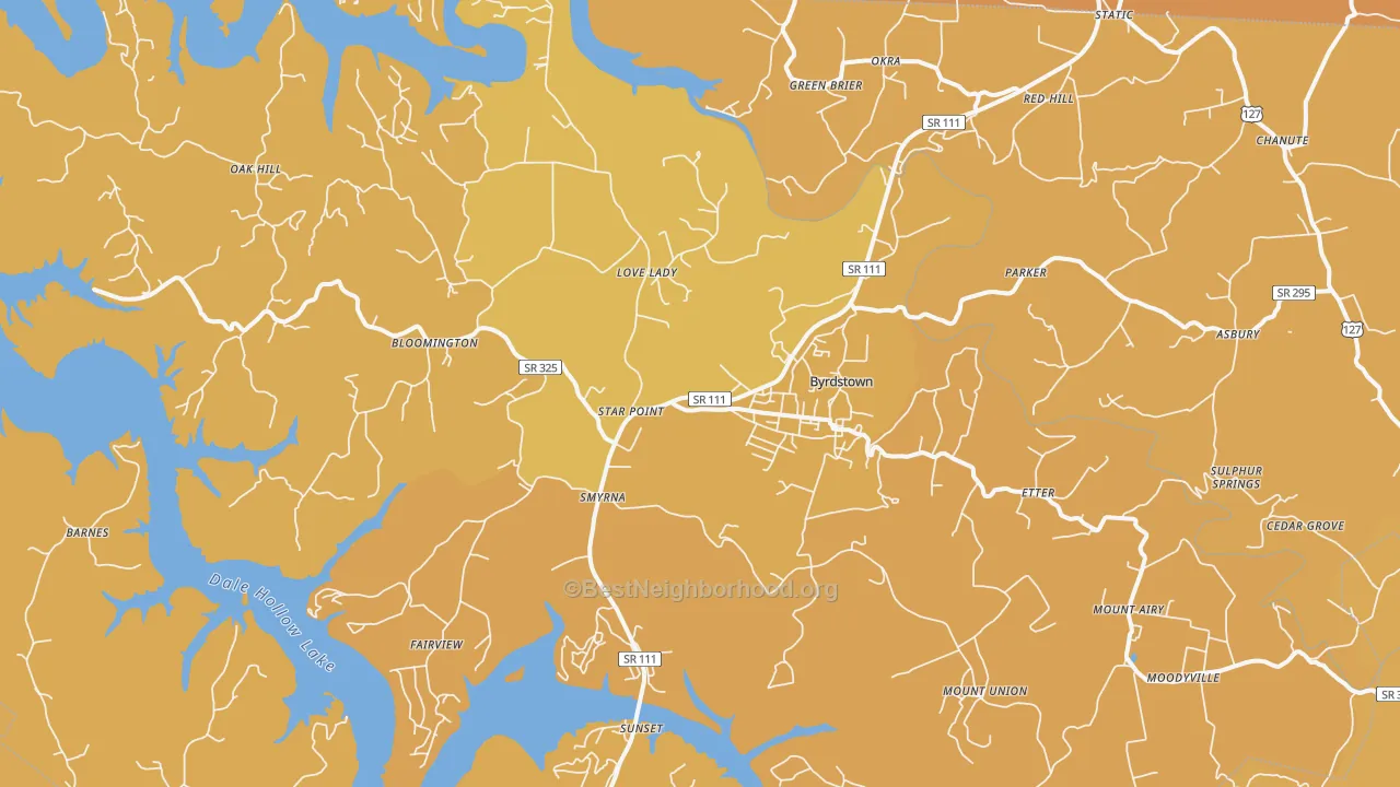 Map of the best neighborhoods in the 38549 area, with better matches in green and worse matches in red