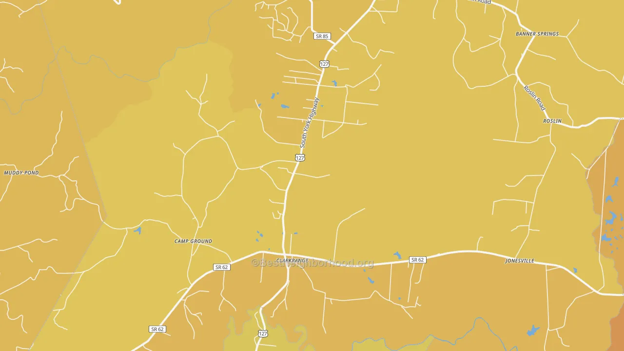 Map of the best neighborhoods in the 38553 area, with better matches in green and worse matches in red