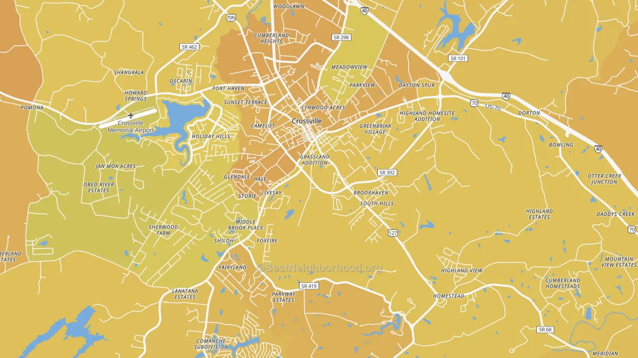 Map of the best neighborhoods in the 38555 area, with better matches in green and worse matches in red