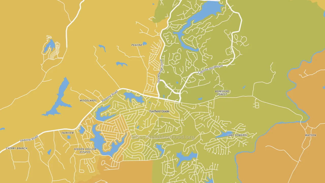Map of the best neighborhoods in the 38558 area, with better matches in green and worse matches in red