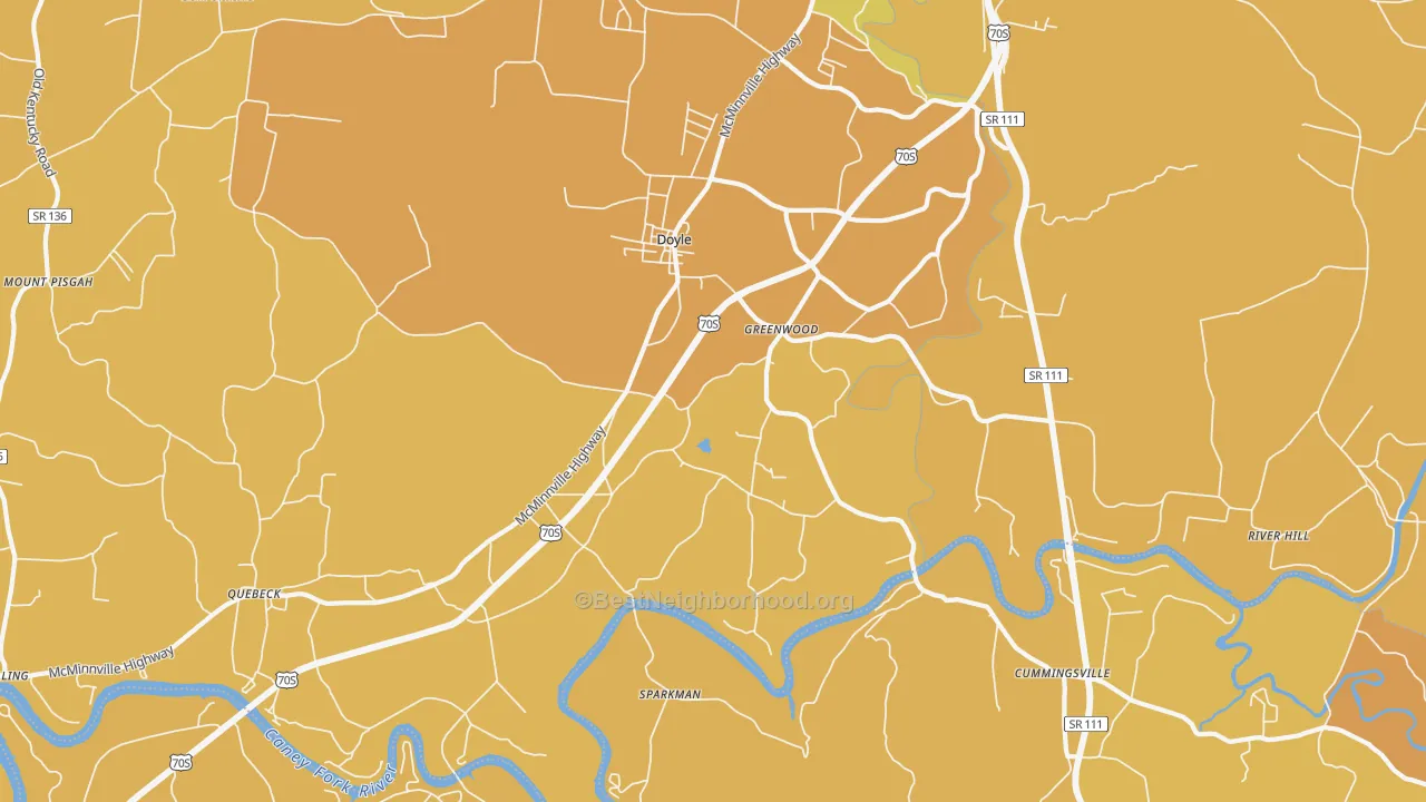Map of the best neighborhoods in the 38559 area, with better matches in green and worse matches in red