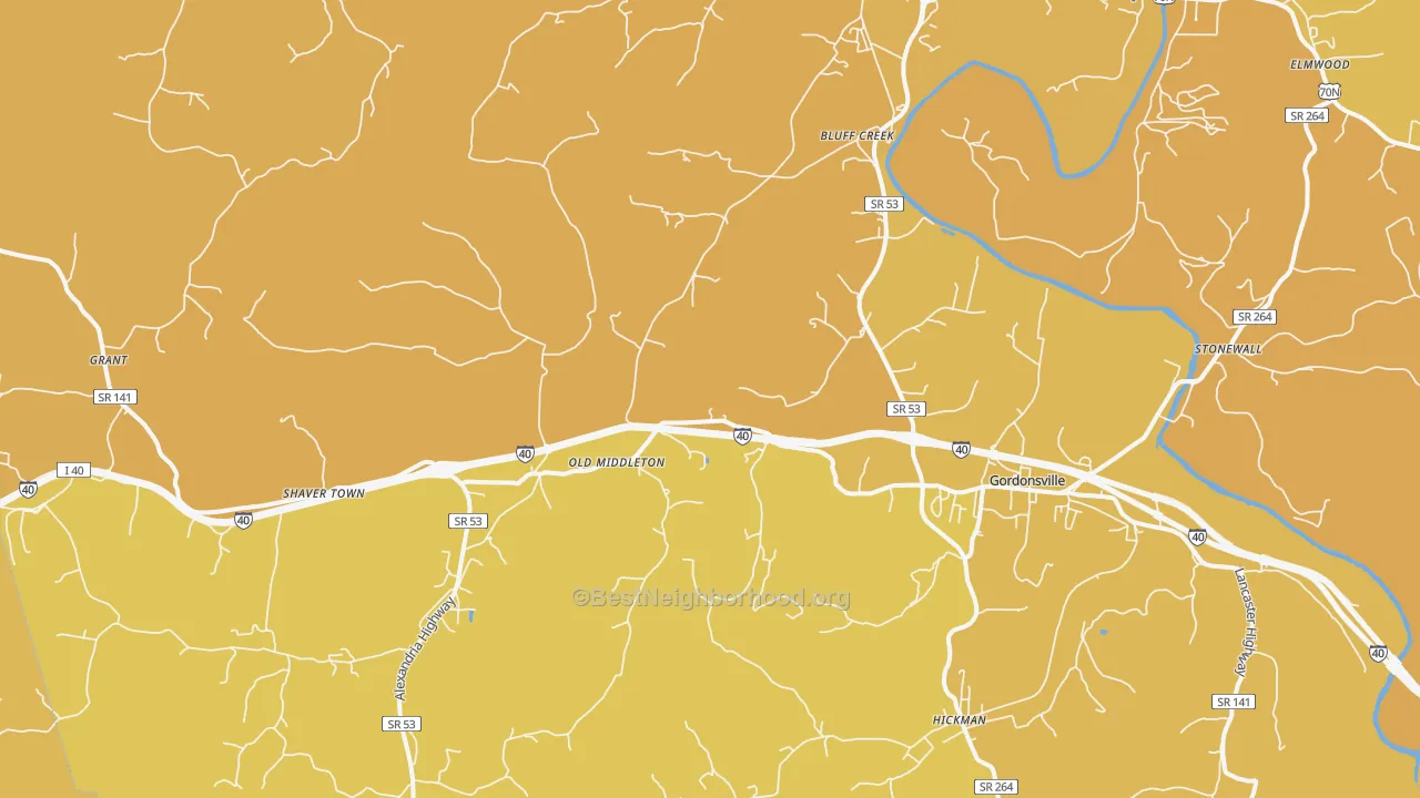 Map of the best neighborhoods in the 38563 area, with better matches in green and worse matches in red