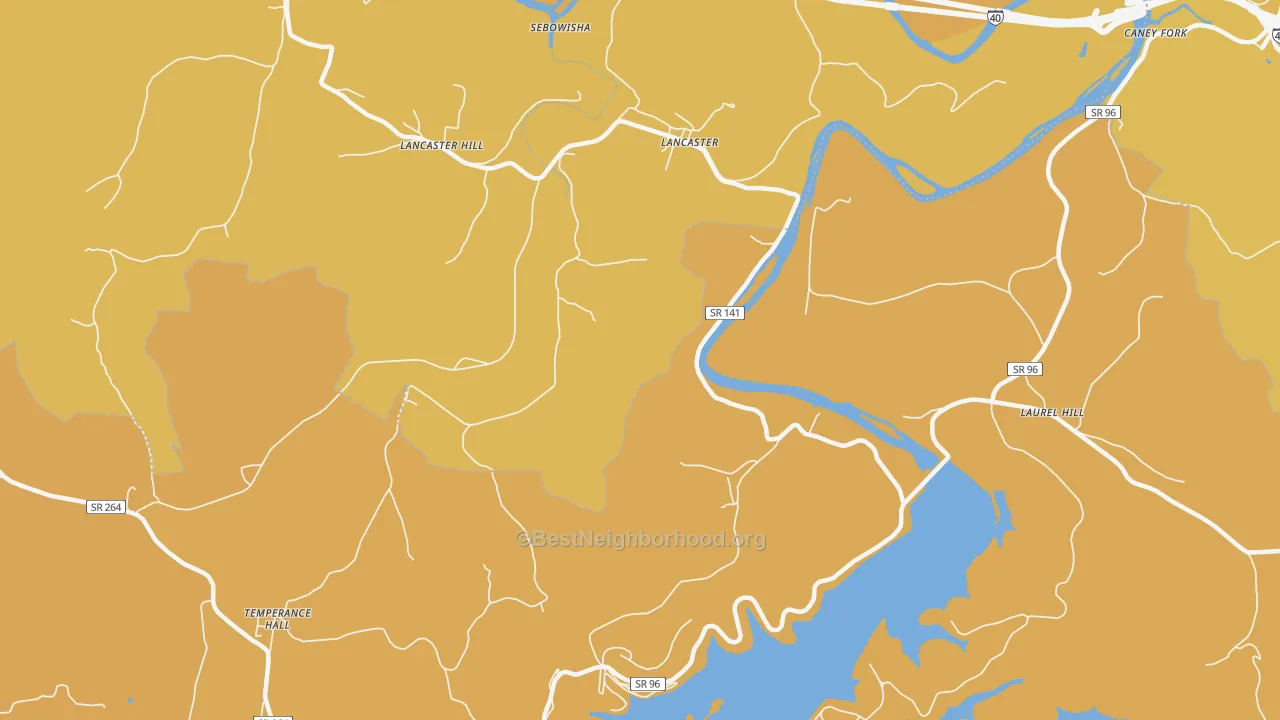 Map of the best neighborhoods in the 38569 area, with better matches in green and worse matches in red