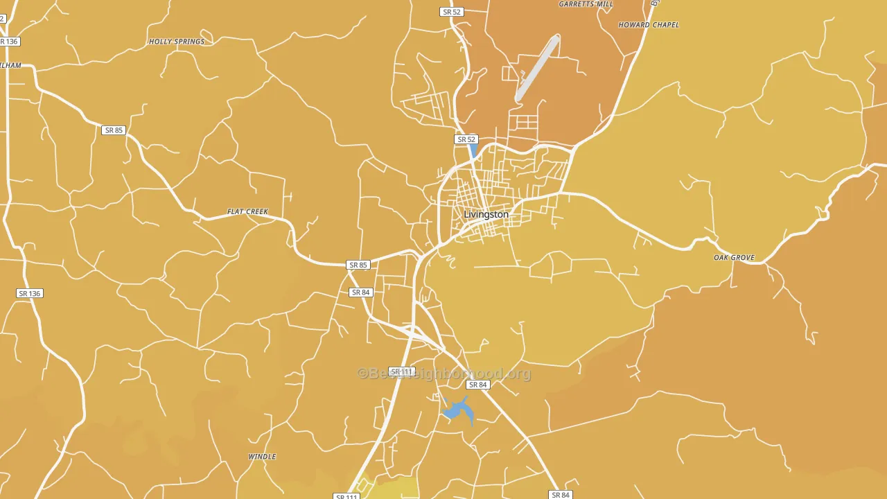 Map of the best neighborhoods in the 38570 area, with better matches in green and worse matches in red