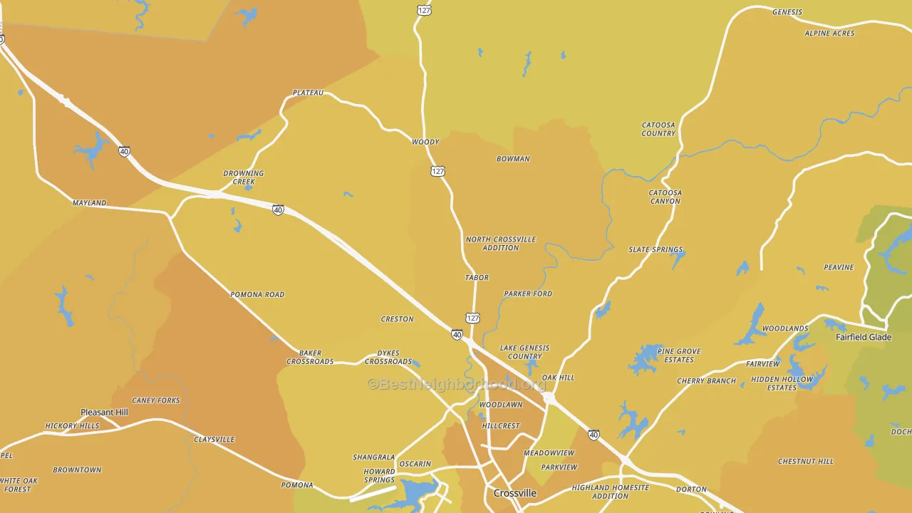 Map of the best neighborhoods in the 38571 area, with better matches in green and worse matches in red