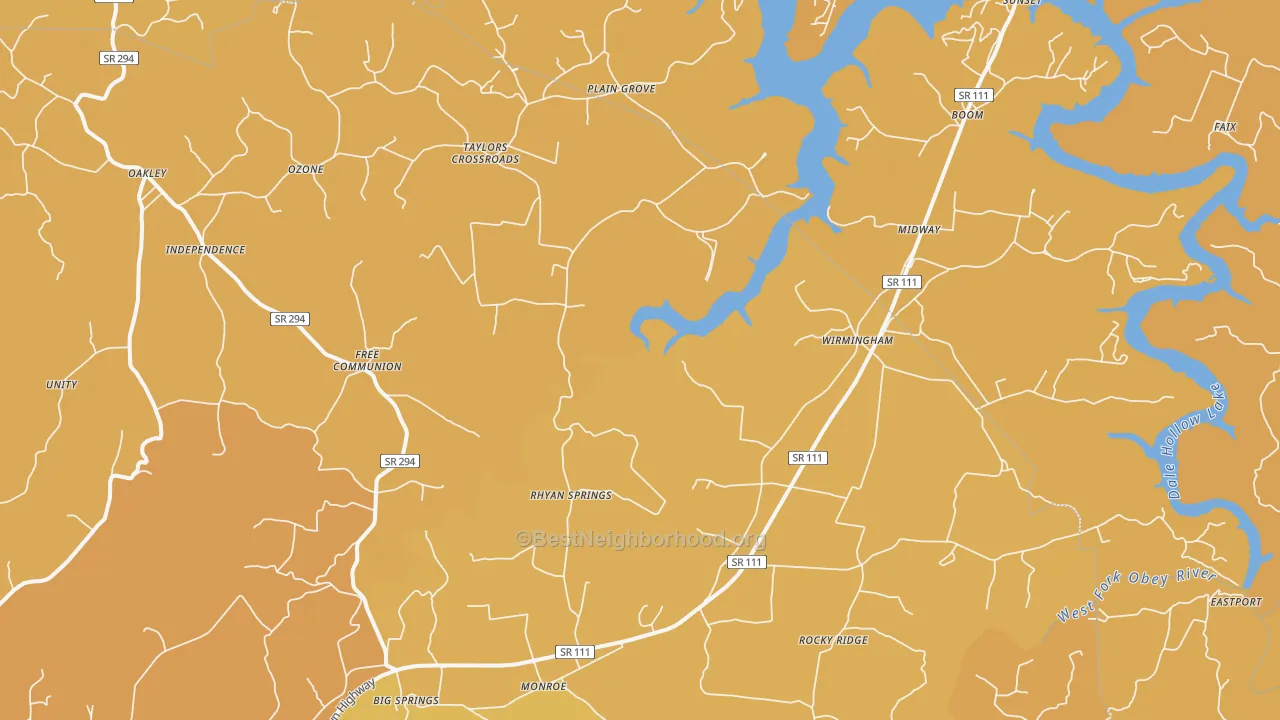 Map of the best neighborhoods in the 38573 area, with better matches in green and worse matches in red