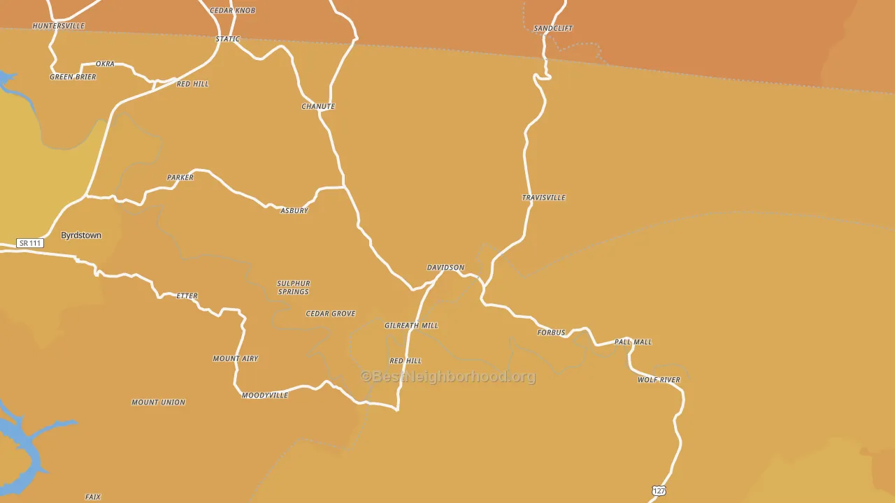 Map of the best neighborhoods in the 38577 area, with better matches in green and worse matches in red