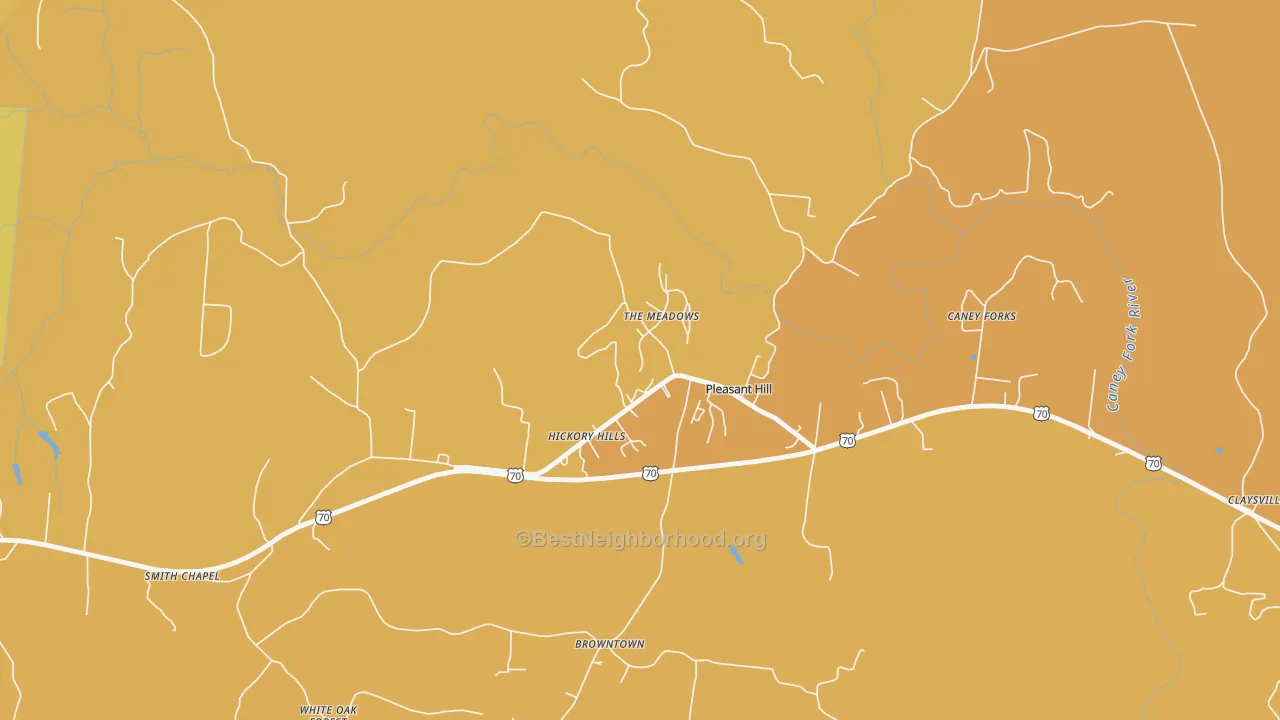 Map of the best neighborhoods in the 38578 area, with better matches in green and worse matches in red