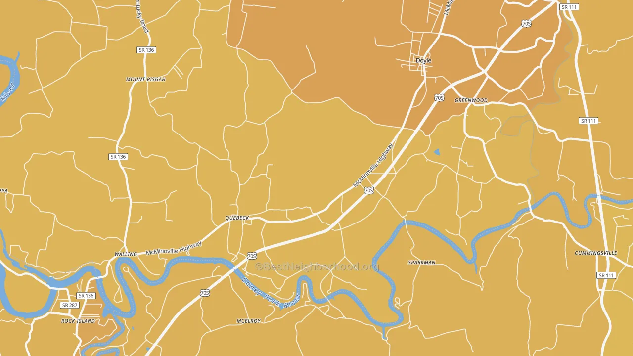 Map of the best neighborhoods in the 38579 area, with better matches in green and worse matches in red