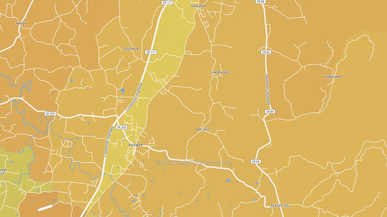 Map of the best neighborhoods in the 38580 area, with better matches in green and worse matches in red