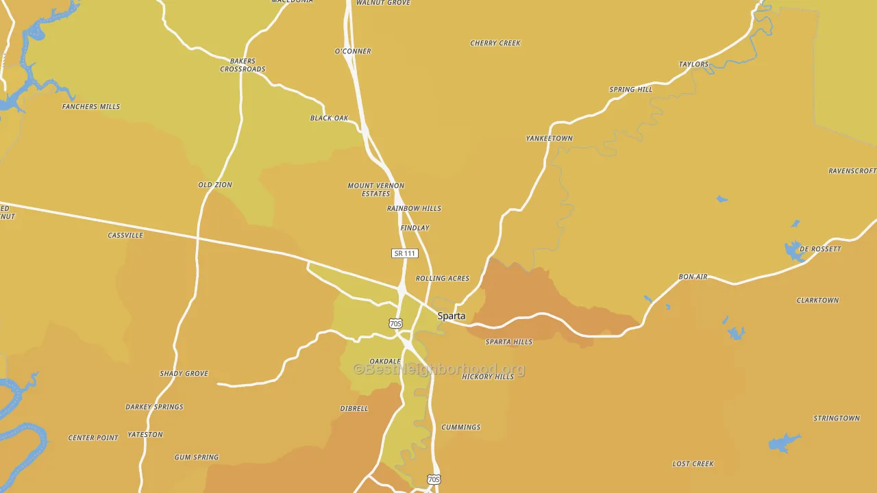 Map of the best neighborhoods in the 38583 area, with better matches in green and worse matches in red