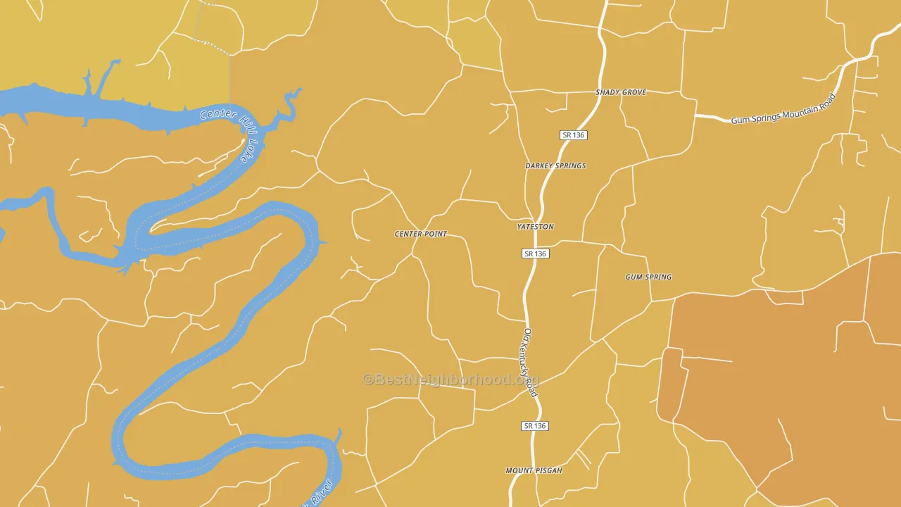 Map of the best neighborhoods in the 38587 area, with better matches in green and worse matches in red